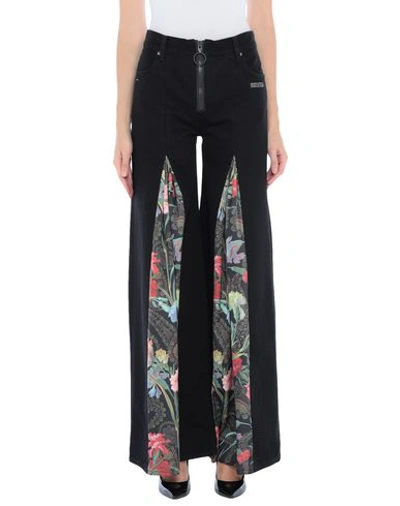 Off-white Zip-front Wide-leg Jeans With Floral-print Inset In Black