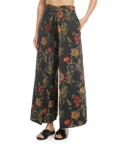 Rosetta Getty Pleat-front Stretch Floral Satin Jacquard Culotte Pants