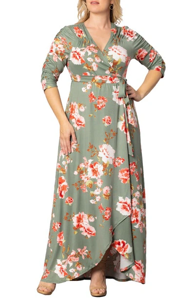 Kiyonna Meadow Dream Wrap Maxi Dress In Sage Garden Print