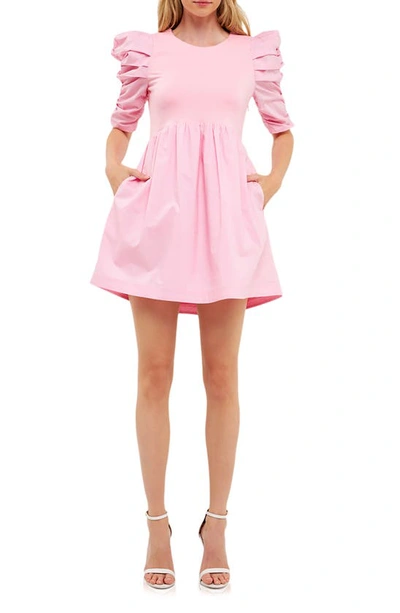 English Factory Ruched Puff Sleeve Cotton Dress In Pink