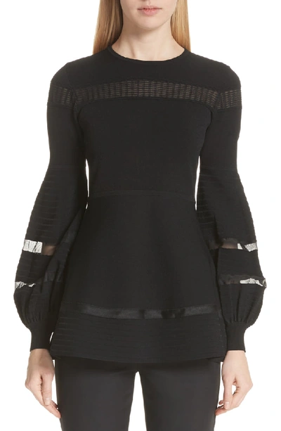 Lela Rose Full-sleeve Knit Top W/ Lace Trim In Black
