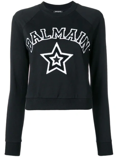 Balmain Long-sleeve Logo Star Crop Jersey Sweatshirt In Black/white