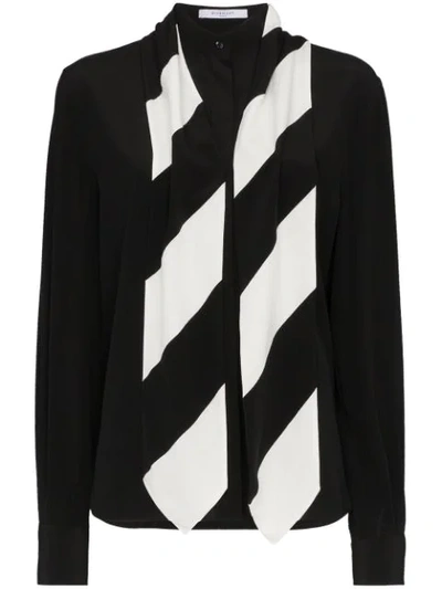 Givenchy Long-sleeve Button-front Silk Blouse With Striped Detachable Scarf In Black