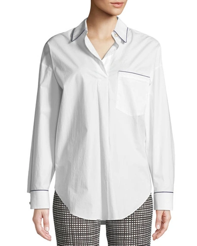 Piazza Sempione Long-sleeve Button-down Cotton Tunic Shirt W/ Contrast Piping
