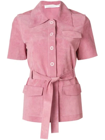 Victoria Beckham Suede Button-front Belted Safari Top In Pink