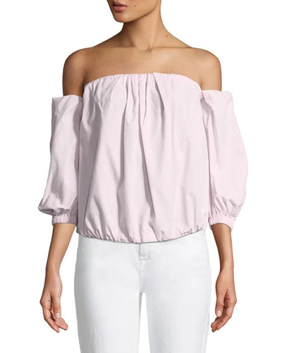7 For All Mankind Off-the-shoulder Puff-sleeve Poplin Top In Pink/white