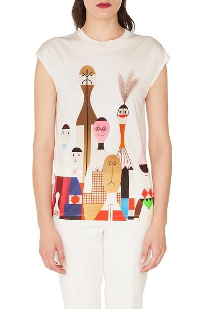 Akris Cap-sleeve Wooden Doll-print Silk Jersey Tunic Shirt In Multi