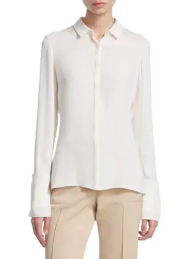 Akris Long-sleeve Button-down Silk Crepe Blouse With Draped Cuffs In Paper