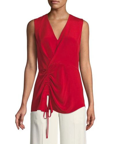 Derek Lam V-neck Sleeveless Asymmetrical-ruched Silk Blouse In Red