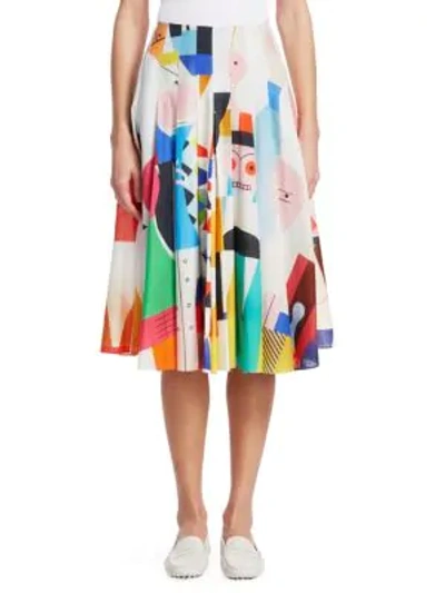 Akris Wooden-doll Print Pleated A-line Cotton Voile Skirt, Multi