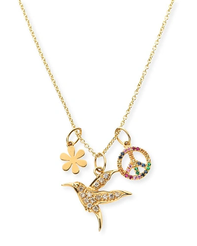 Sydney Evan 14k Daisy, Peace & Hummingbird Trio Pendant Necklace In Gold