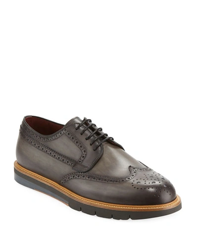 Neiman Marcus Men's Wing-tip Leather Brogue Sneaker In Gray