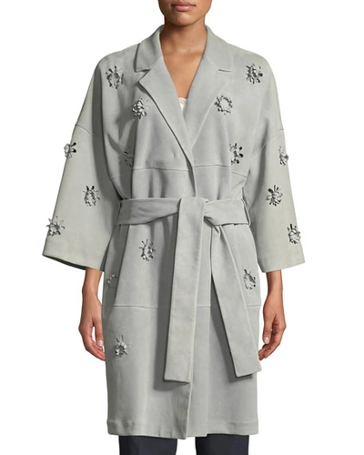 Escada 3-d Floral Belted Suede Trench Coat In Dark Gray