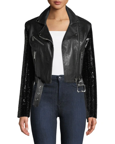 Nour Hammour Let's Dance Cropped Leather Jacket W/ Sequin Sleeves In Black