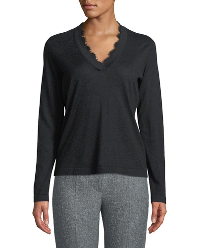 Emporio Armani V-neck Long-sleeve Cashmere Sweater W/ Lace Trim In Black