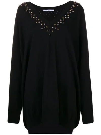 Givenchy Long-sleeve Studded V-neck Oversize Cashmere-blend Sweater In Black
