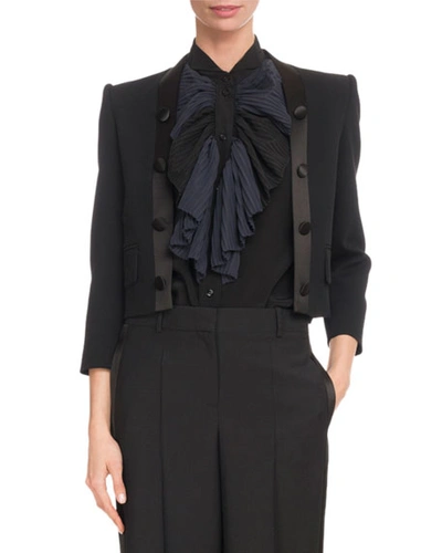 Givenchy Long-sleeve Crop Wool-crepe Jacket W/ Satin Lapel In Black