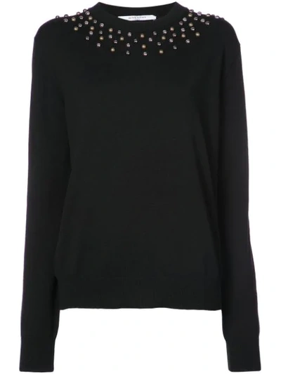 Givenchy Long-sleeve Studded-neck Fitted Wool-cashmere Sweater In Black