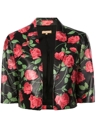 Michael Kors Stemmed-roses Plonge Leather Bolero Jacket In Black