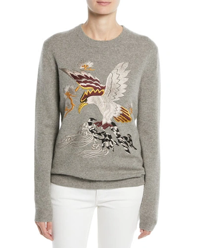 Ralph Lauren Embroidered Eagle Long-sleeve Cashmere Sweater In Gray