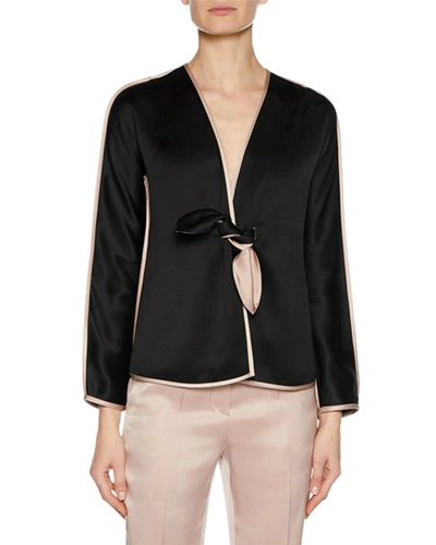 Giorgio Armani Prive Long-sleeve Tie-front Silk Satin Jacket With Tie-waist In Black/pink