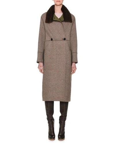 Agnona Double-breasted Herringbone Cashmere Military Coat With Fur Collar In Green