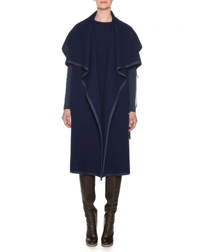 Agnona Shawl-collar Open-front Belted Wool Coat W/ Knit Sleeves In Blue