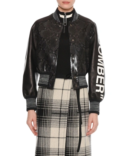 Off-white Bomber" Python-embossed Crop Varsity Leather Jacket" In Black