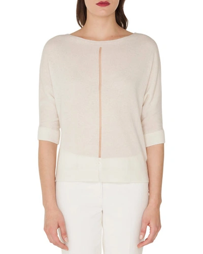 Akris Boat-neck Elbow-sleeve Cashmere/silk Sweater With Tulle Stripe