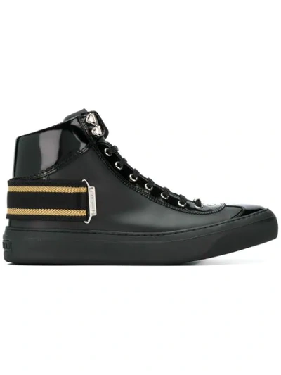 Jimmy Choo Argyle Black Sport Calf And Shiny Calf Leather High Top Trainers With Black And Gold Ribbon Detailin