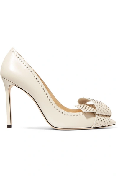 Jimmy Choo Tegan 100 Chalk Kid Leather Pointy Toe Pumps With Studded Bow Detailing In White