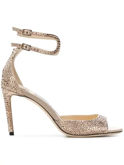 Jimmy Choo Lane 85 Rose Gold Satin Sandals With Crystal Hotfix In Metallic