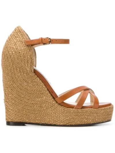 Jimmy Choo Delaney 125 Tan Vachetta Leather Wedges With Braided Rope Detailing In Brown