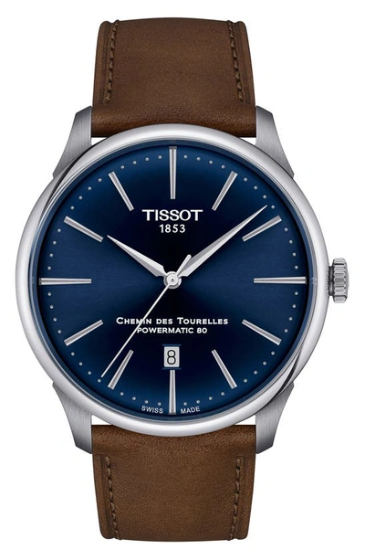 Tissot Men's Swiss Automatic Chemin Des Tourelles Powermatic 80 Brown Leather Strap Watch 42mm In Blue / Brown
