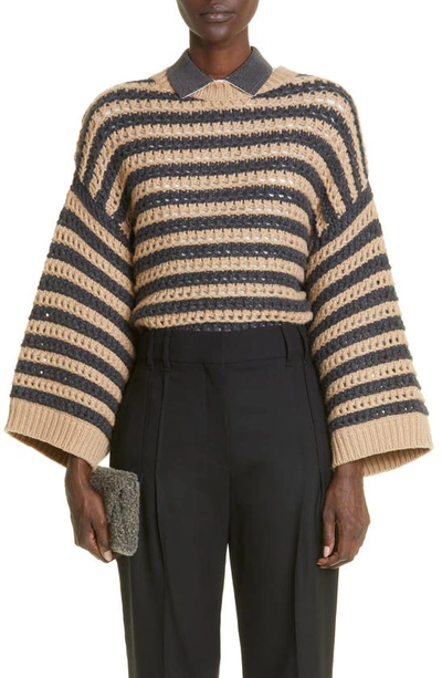Brunello Cucinelli Stripe Crochet Virgin Wool, Cashmere & Silk Sweater In Brown