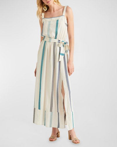 Splendid Jubi Sleeveless Embroidered Stripe Tie-belt Maxi Dress In Beige