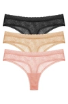 Natori 3-pack Lace Thongs In Black/ Cafe/ Rose