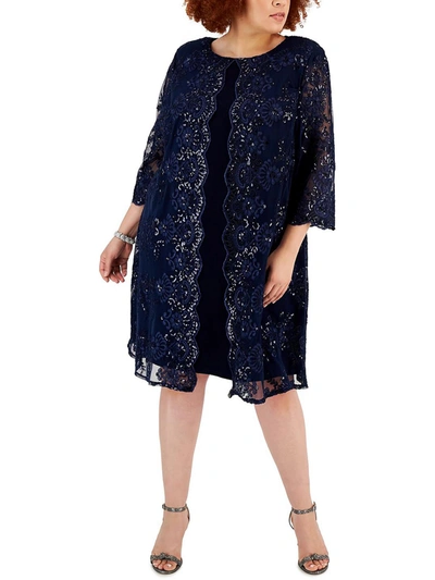 Alex Evenings Plus Womens Lace Overlay Knee Length Shift Dress In Blue