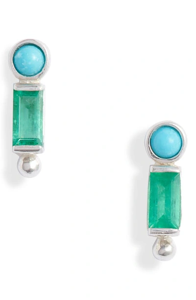Anzie Dew Drop Bezel Stud Earrings In Silver/ Green/ Blue
