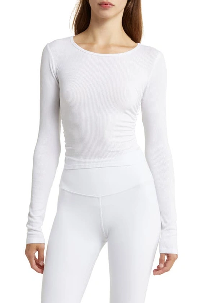 Alo Yoga Gather Long Sleeve Rib Crop Top In White