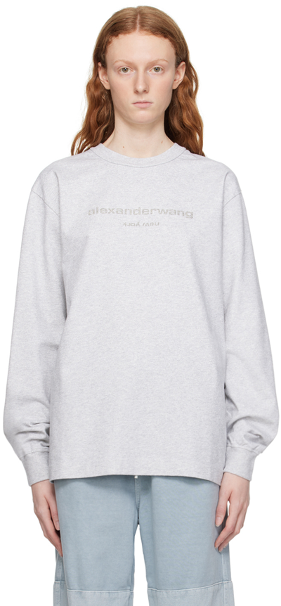 Alexander Wang Raised-logo Glitter Cotton T-shirt In 050 Lt Heather Grey