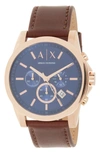 Ax Armani Exchange Analog Leather Strap, 45mm In Rose Gold