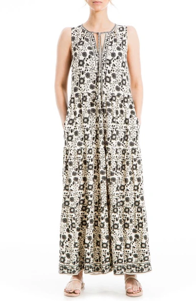 Max Studio Sleeveless Tiered Maxi Dress In Cream/ Black Floral Hearts
