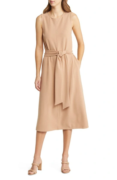 Zoe And Claire Belted Sleeveless Midi Dress In Camel