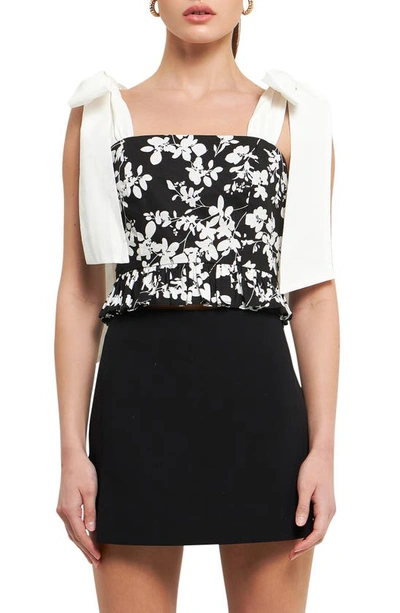 Endless Rose Bow Strap Peplum Tank In Black/ White