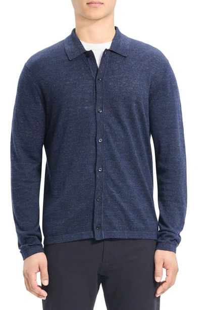 Theory Geon Linen Blend Button-up Sweater Shirt In New Baltic
