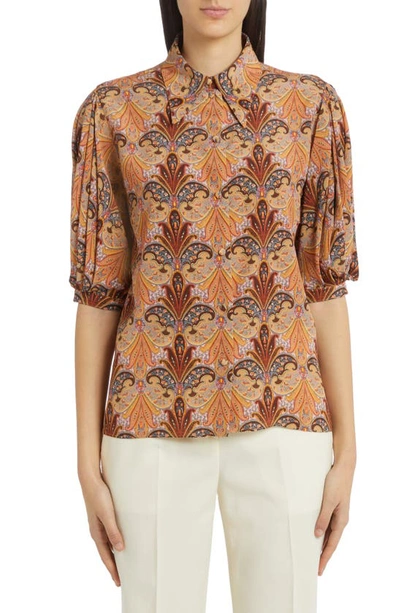 Etro Paisley Print Puff Sleeve Silk Blouse In Bruciato