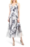 Komarov Lace-up Charmeuse & Lace Maxi Dress In Watercolor Floral