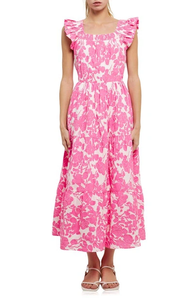 English Factory Floral Tie Back Tiered Cotton Dress In Fuchsia