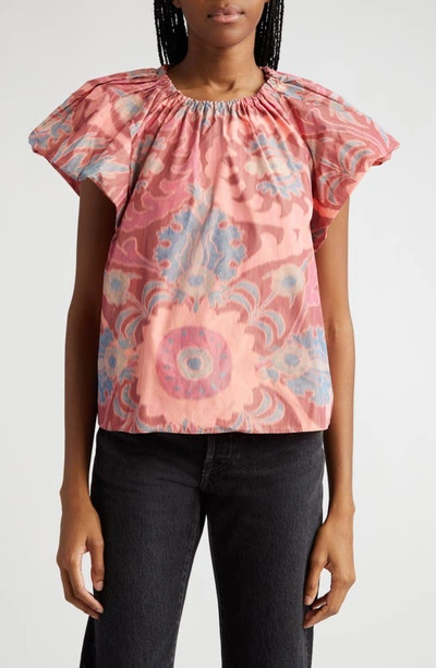 Ulla Johnson Flo Ruched Puff Sleeve Silk Crop Top In Multi